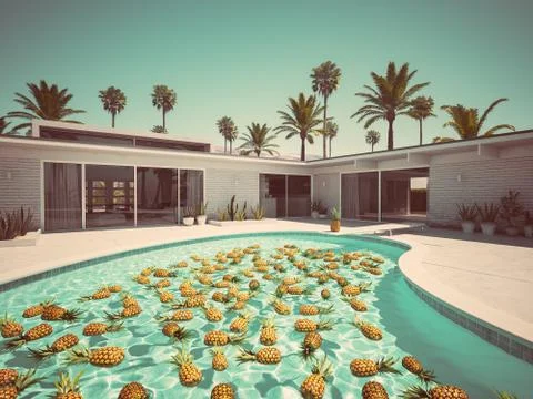 Pineapples swimming in a blue pool. 3d rendering Stock Illustration