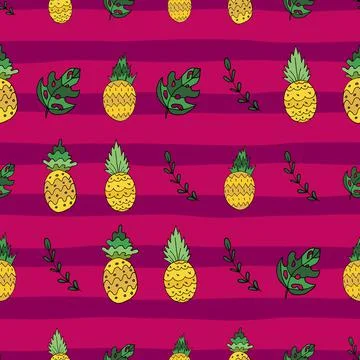 Pineapples tropical seamless pattern design striped background Stock Illustration