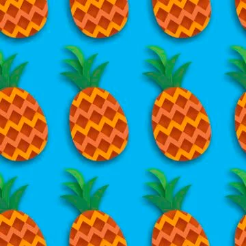 Pineappple seamless pattern. Anana in paper cut style. Origami Healthy food on Stock Illustration