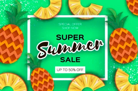 Pineappple. Top view. Ananas Super Summer Sale Banner in paper cut style Stock Illustration