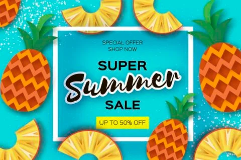 Pineappple. Top view. Ananas Super Summer Sale Banner in paper cut style Stock Illustration