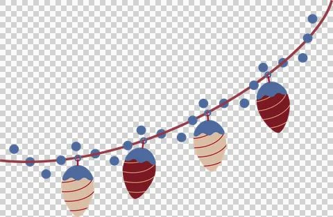 Pinecone lights are hanging on red cord, vector art with blue bulbs, transparent Stock Illustration