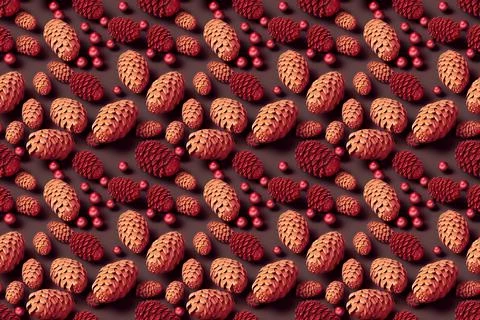 Pinecones Red Berries Dark Background Seamless Pattern Stock Illustration