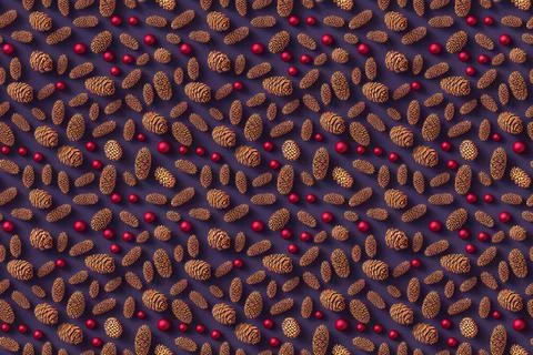 Pinecones Red Berries Dark Background Seamless Pattern Stock Illustration
