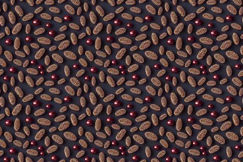 Pinecones Red Berries Dark Background Seamless Pattern Stock Illustration