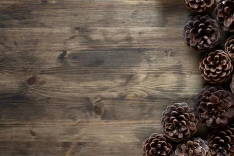 Pinecones on wood table flat lay for copy Stock Photos