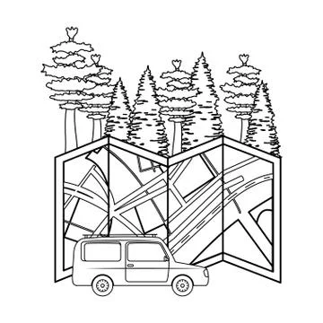 Pines trees forest scene with paper map and car Stock Illustration