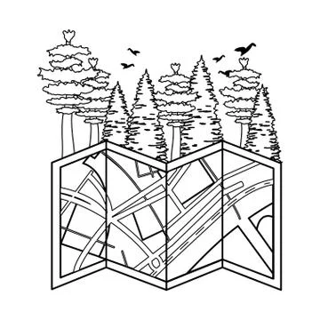 Pines trees forest scene with paper map イラスト素材