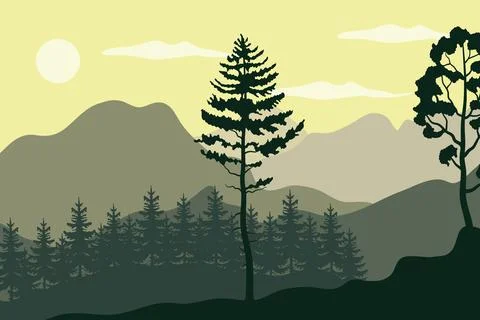 Pines trees plants in forest landscape scene Illustrazione stock