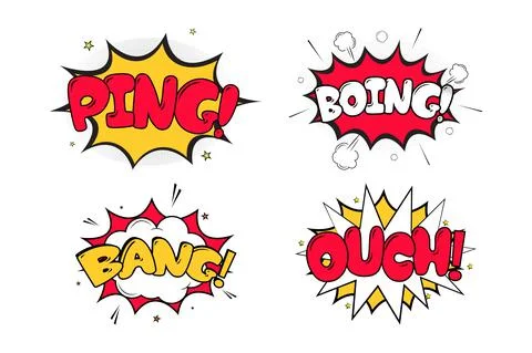 Ping Boing comic blast with white, red, and yellow colors. Ouch Bang comic ex Stock Illustration