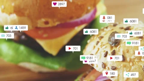 Ping causing seeded burger staying center while social icons popping, grouping, Stock Footage 332405776