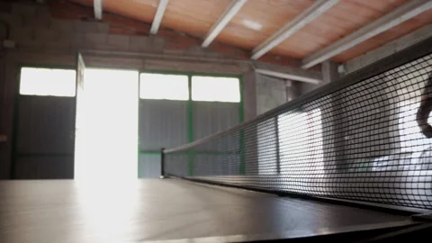 Ping Pong Ball Bouncing on Table in Sunlit Indoor Recreation Room Close to Net Stock Footage 336943987