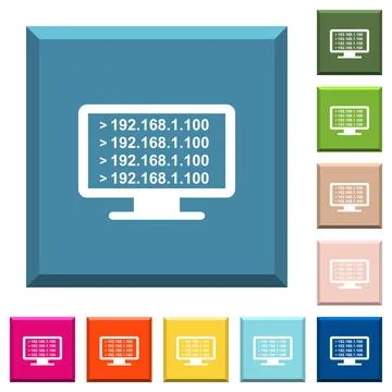 Ping remote computer white icons on edged square buttons Stock Illustration