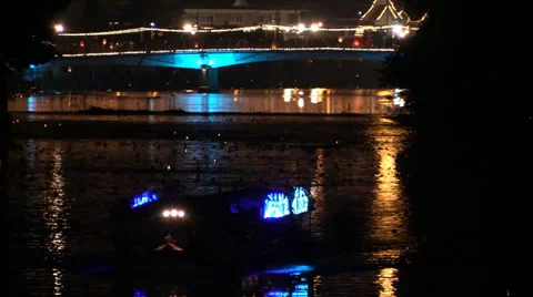 Ping river - illuminated boat, bridge, fireworks, Loi Krathong floating. Video stock 34286808