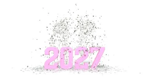 Pink 3D 2027 digits with exploding silver confetti on a white background, N.. Illustration
