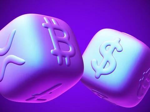 Pink 3D dices with crypto logos Bitcoin, Litecoin and Dollar sign Illustration