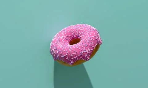 Pink 3D donut on a mint background is a realistic sweet dessert with a top. 3D Stock Illustration