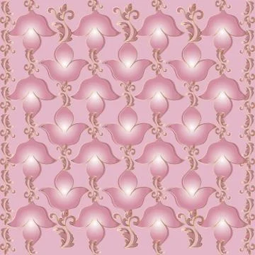 Pink 3d flowers seamless pattern. Damask background. Lily flower Illustrazione stock