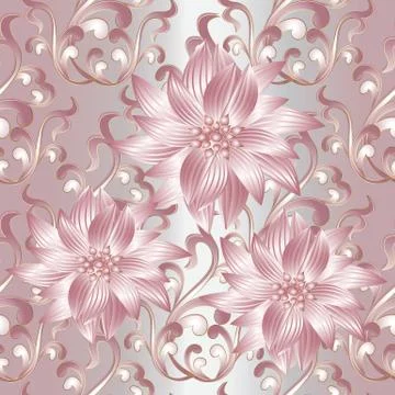 Pink 3d flowers seamless pattern. Stock Illustration