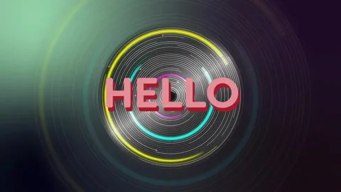 Pink 3D HELLO text appearing triggers neon rings growing and rotating around to Video stock 312082584