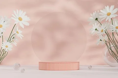 Pink 3D rendering illustration of common daisy flowers empty space podium displa Stock Illustration