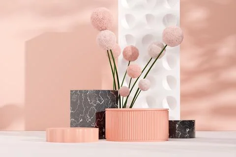Pink 3D rendering illustration of  pom poms flowers vase with empty space podium Stock Illustration