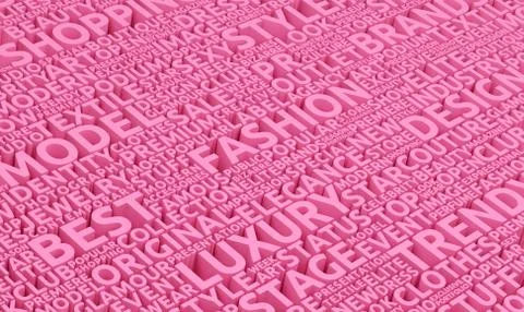 Pink 3d tags rendering words background fashion theme collage terms Stock Illustration