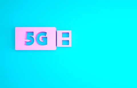 Pink 5G modem for fast mobile Internet icon isolated on blue background. Glob Illustrazione stock