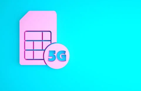 Pink 5G Sim Card icon isolated on blue background. Mobile and wireless commun Stock Illustration