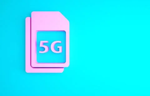 Pink 5G Sim Card icon isolated on blue background. Mobile and wireless commun Stock Illustration
