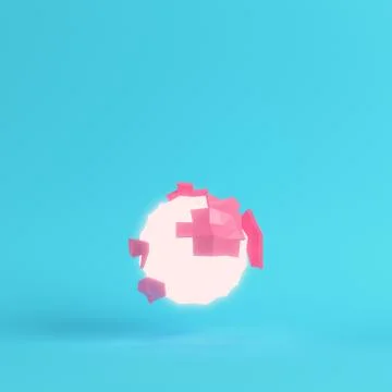 Pink abstract, glowing, low poly planet on bright blue background in pastel c Stock Illustration