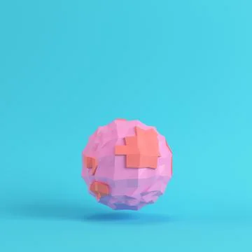 Pink abstract low poly planet on bright blue background in pastel colors Stock Illustration