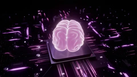 Pink AI Brain on Processor Chip Orbiting Camera Magenta Loop Stock Footage 348649327