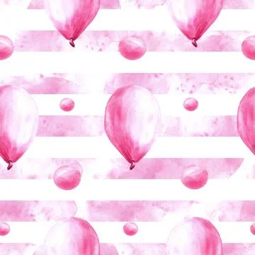 Pink air balloon seamless pattern with bubbles, peas on watercolour stripes Hand Stockillustratie