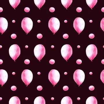 Pink air balloon seamless pattern with bubbles and peas Watercolor hand drawn Stock Illustration