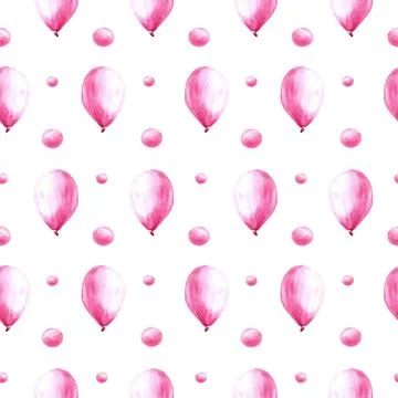 Pink air balloon seamless pattern with bubbles and peas Watercolor hand drawn Stock Illustration
