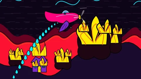 Pink Airplane Dropping Water On Burning Houses And Trees 2D Animation Stock Footage 341754975