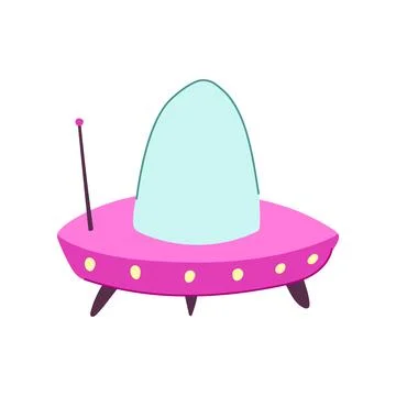 Pink alien spaceship flying isolated on white background Stock Illustration