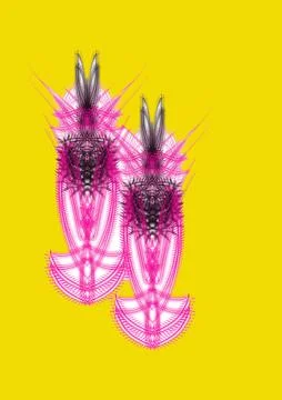 Pink and Black Feathered Abstract Figures on Yellow Background Stock Illustration