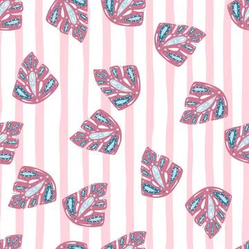 Pink and blue abstract monstera leaves seamless pattern in ornamental style.  Stock Illustration