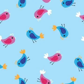 Pink and blue birds pattern background. Seamless pattern colored birds on blue Stock Illustration