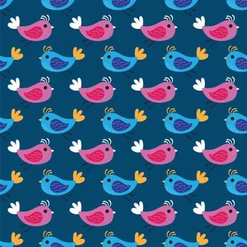 Pink and blue birds pattern background. Seamless pattern colored birds on blue 스톡 일러스트