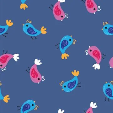 Pink and blue birds pattern background. Seamless pattern colored birds on blue Stock Illustration
