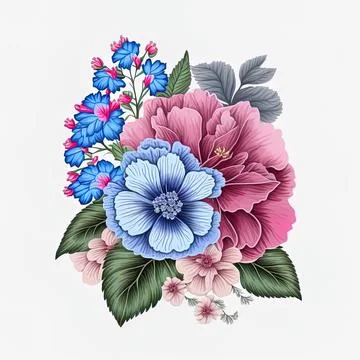 Pink and blue blossom with leaf illustration. Beautiful bouquet flower Stock Illustration