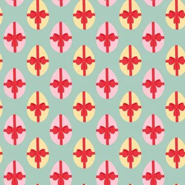Pink and Blue colored Easter Eggs tied red ribbon bow Seamless Pattern on Trendy Stock Illustration