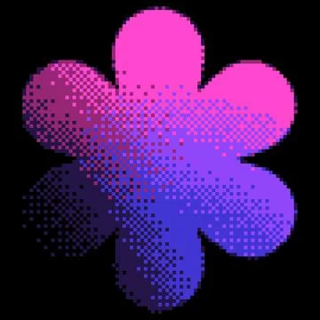 Pink and blue pixel flower on a black isolated background, 8-bit. Stock Illustration