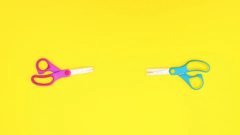 Pink and blue scissors moving on yellow background - Stop motion Stock-Footage 124300643