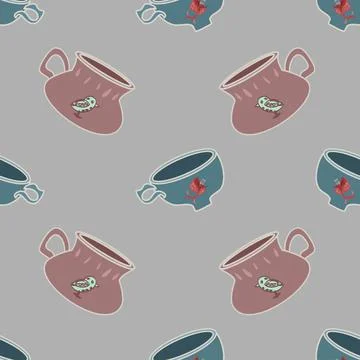 Pink and blue teacups vector seamless repeat pattern on grey Stock Illustration