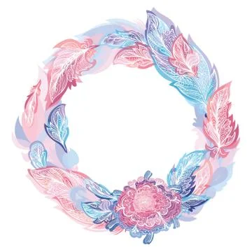 Pink and Blue Vector Feather Wreath Stock Illustration