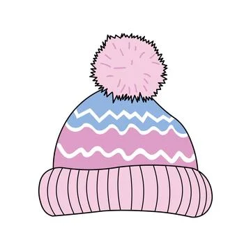 Pink and Blue Zigzag Pattern Beanie with Light Pink Pom-Pom Stock Illustration